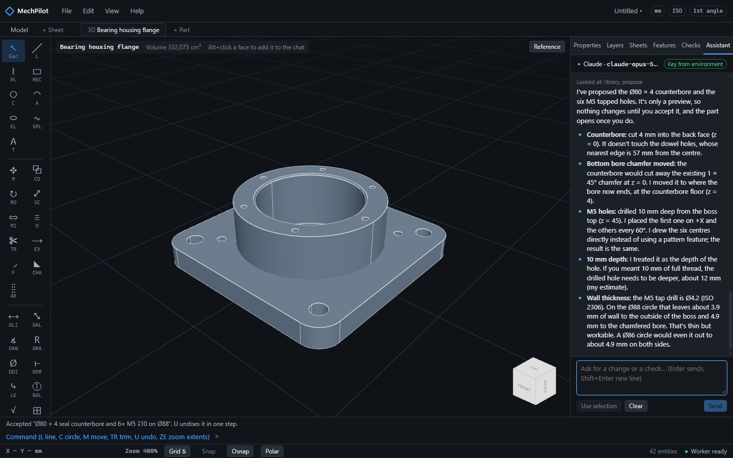 The plate as a 3D part with the boss and its fillet, and the feature tree in the Features tab.