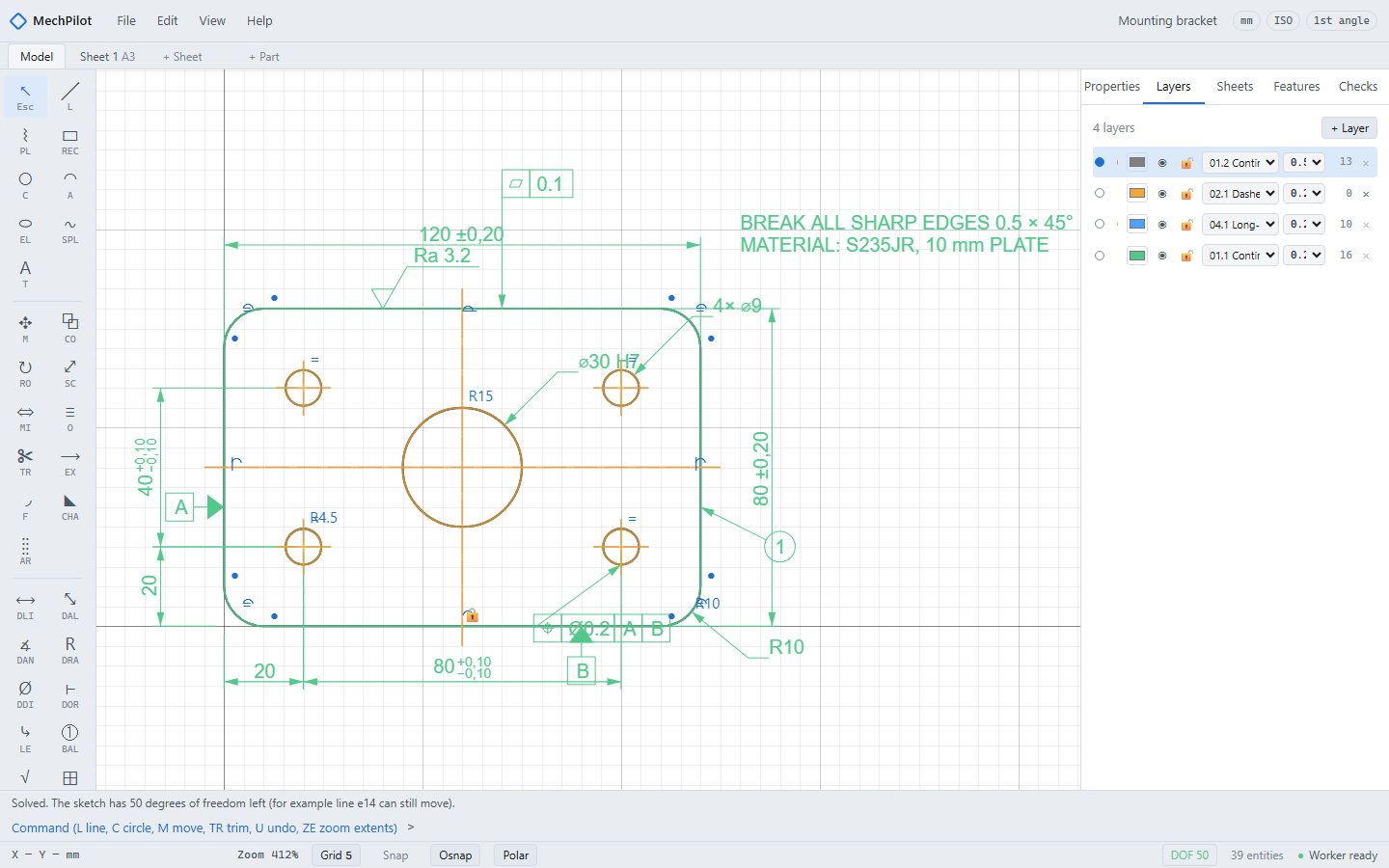 The mounting bracket sample in model space: a 120 × 80 mm plate with holes, dimensions with tolerances, an H7 fit, a surface texture symbol, geometrical tolerance frames and datums. (Light theme.)