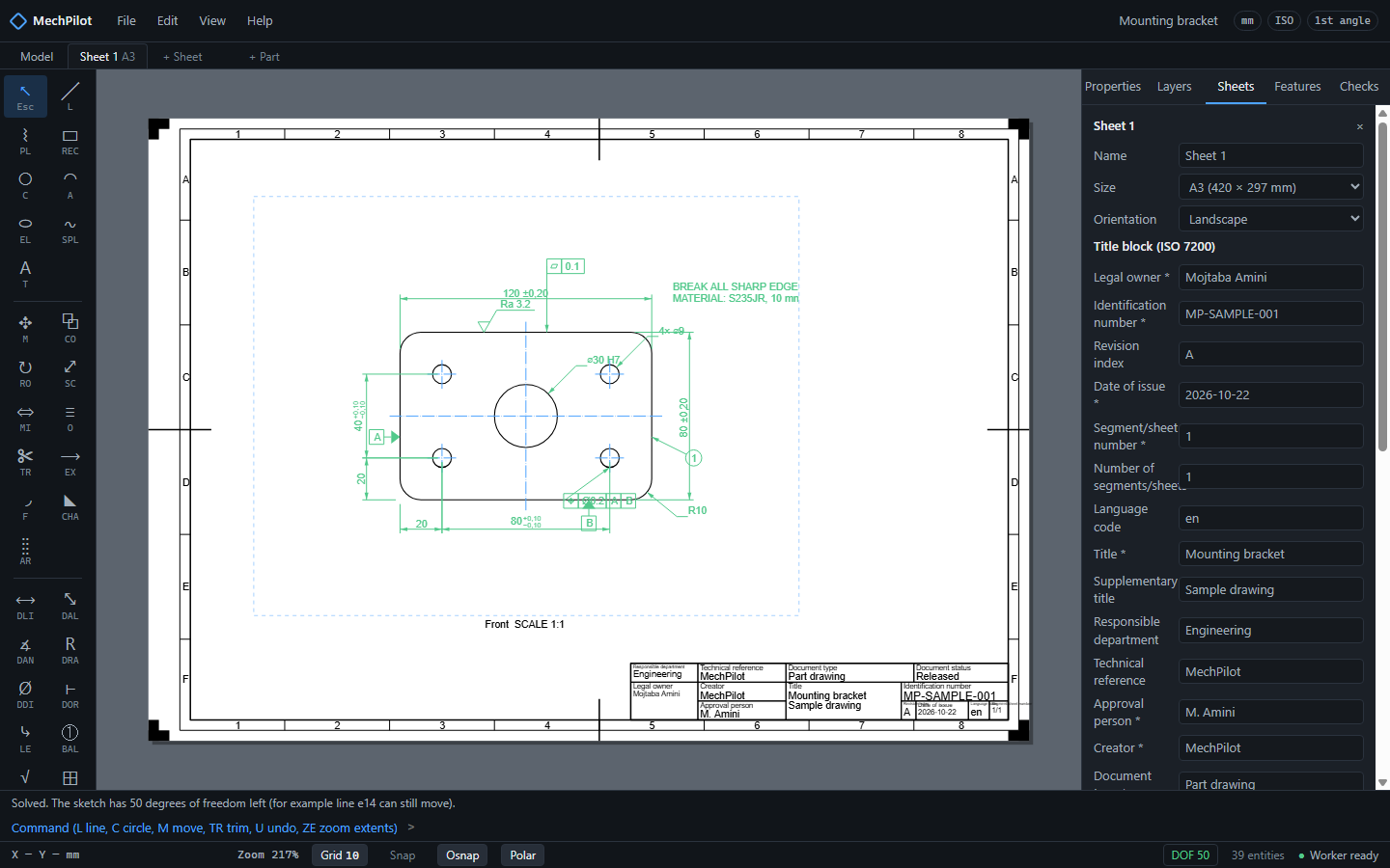 The same drawing on an A3 sheet to ISO 5457, with frame, grid zones and an ISO 7200 title block, ready for vector PDF export.