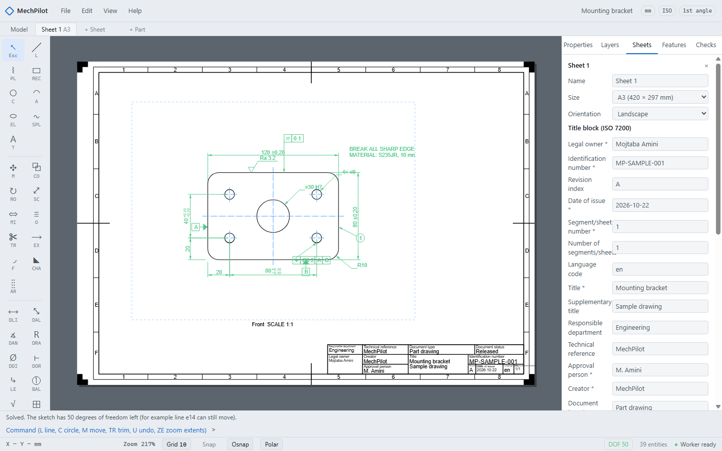 The same drawing on an A3 sheet to ISO 5457, with frame, grid zones and an ISO 7200 title block, ready for vector PDF export. (Light theme.)