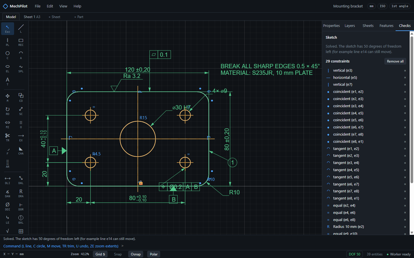 The sketch solved by its constraints: fully constrained entities in green, the constraint list in the Checks tab, the degrees of freedom left in the status bar.